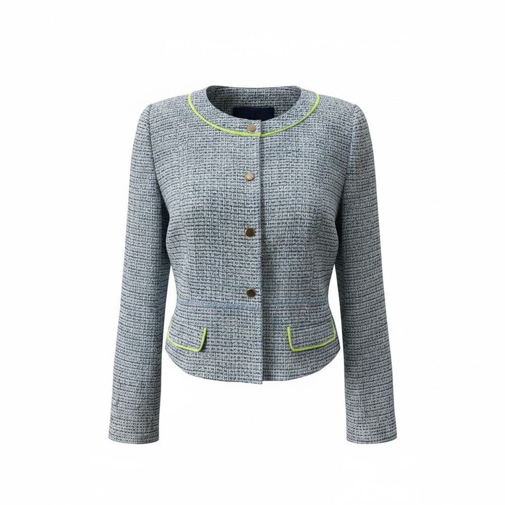 Tahari Blue Tweed Jacket Neon Trim Cropped Structured Blazer Size 16 Classic